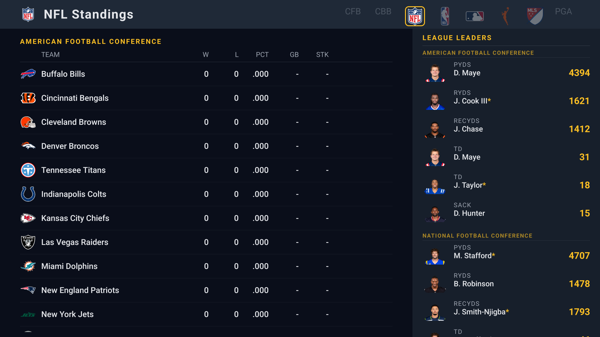 SportsBox NFL Standings screen showing American and National Football Conference standings with win-loss records alongside a League Leaders panel with player stats