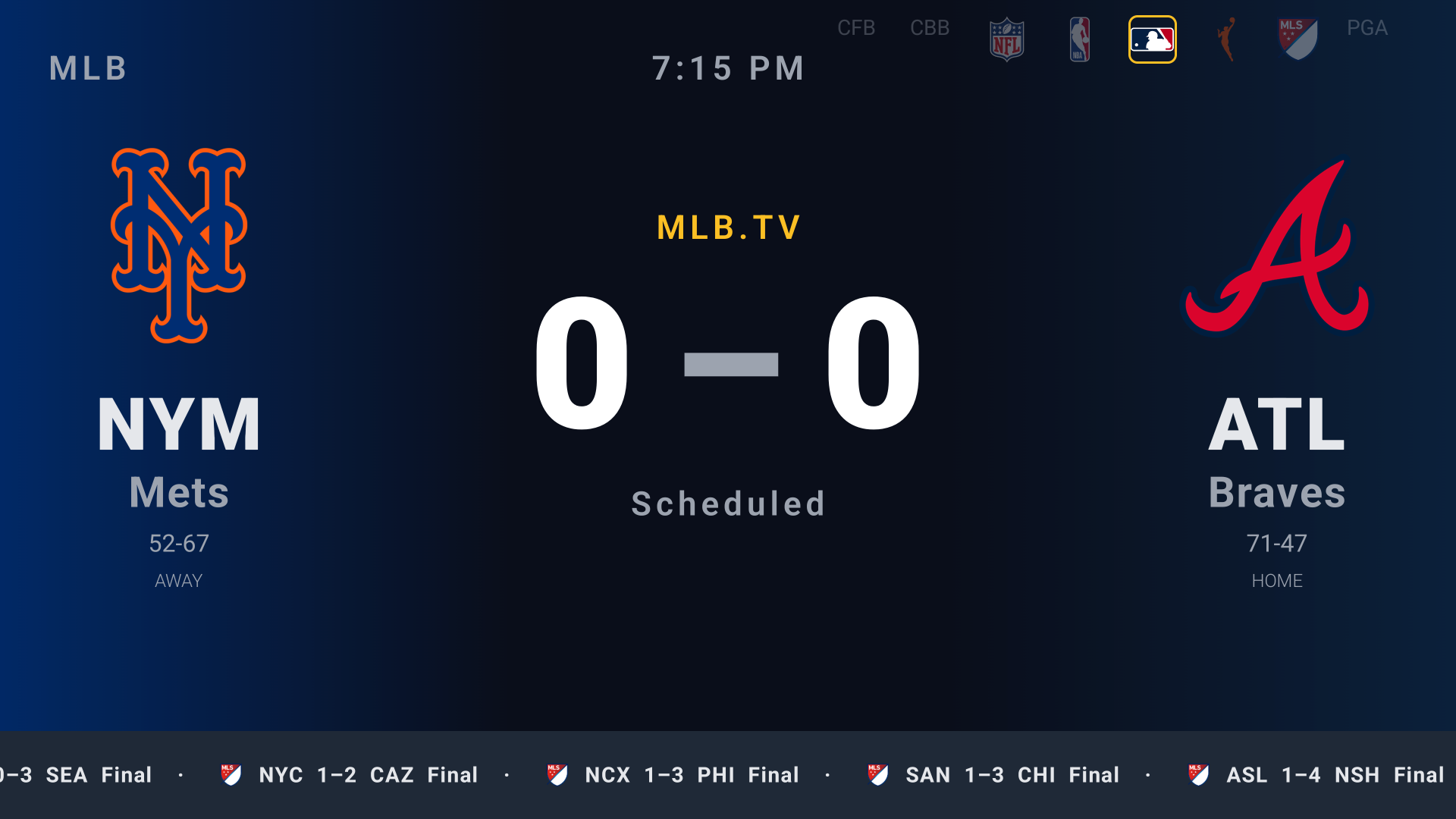 SportsBox Featured Game view showing NYM Mets vs ATL Braves MLB matchup — large team logos, bold score display, broadcast network, and scrolling scores ticker along the bottom