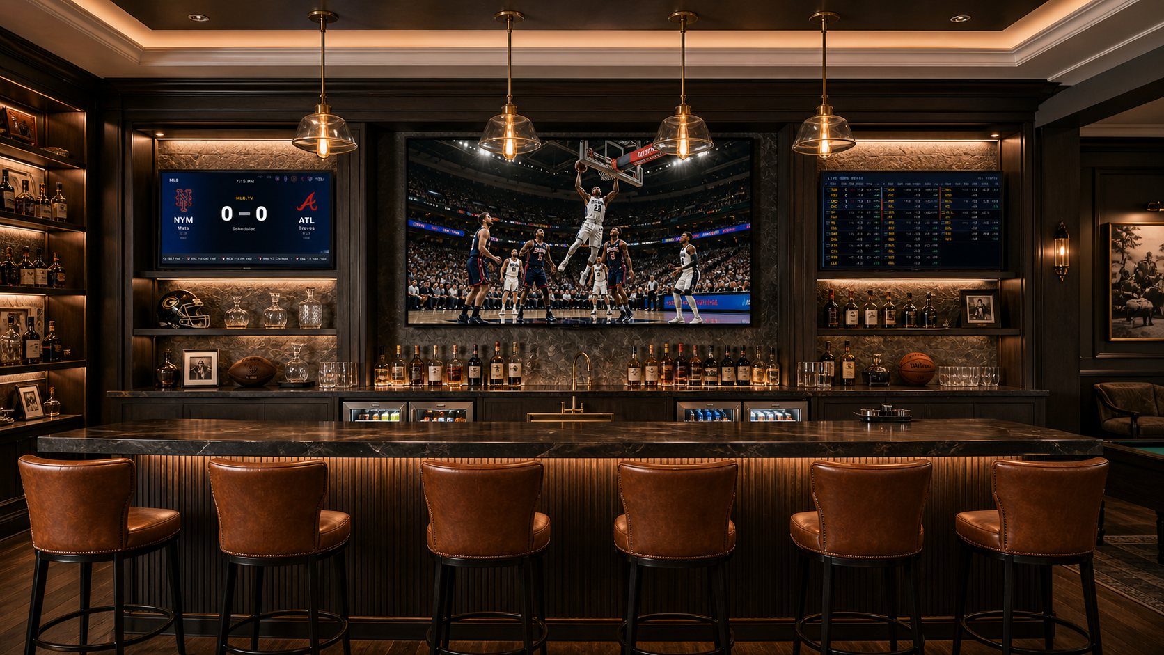 Luxury home sports bar with multiple large screen TVs in a sophisticated dark-paneled room — the ideal setup for SportsBox live sports display