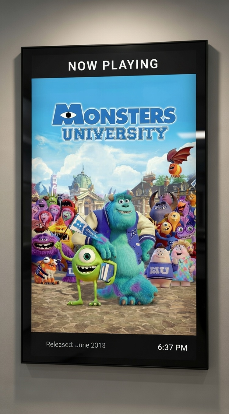 PosterBox displaying Monsters University movie poster on a portrait-mounted TV with Now Playing header and current time