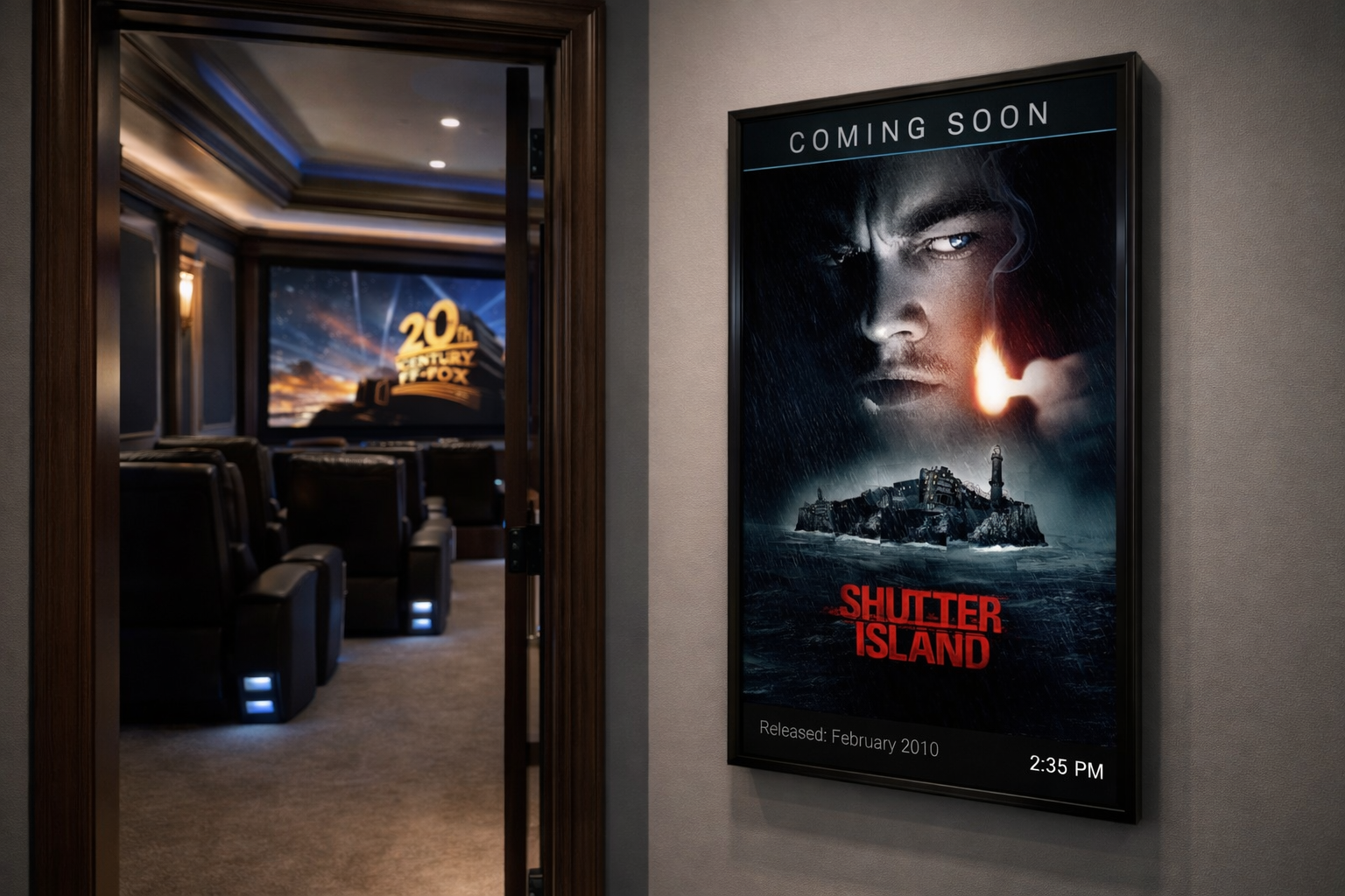 PosterBox displaying the Shutter Island movie poster on a portrait-mounted TV outside a luxury home theater room, showing the Coming Soon header, release date, and real-time clock